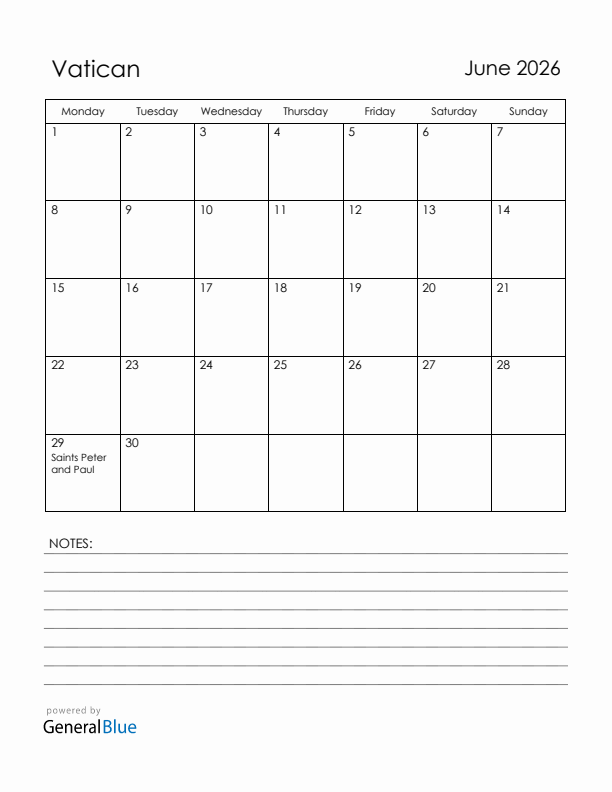 June 2026 Vatican Calendar with Holidays (Monday Start)