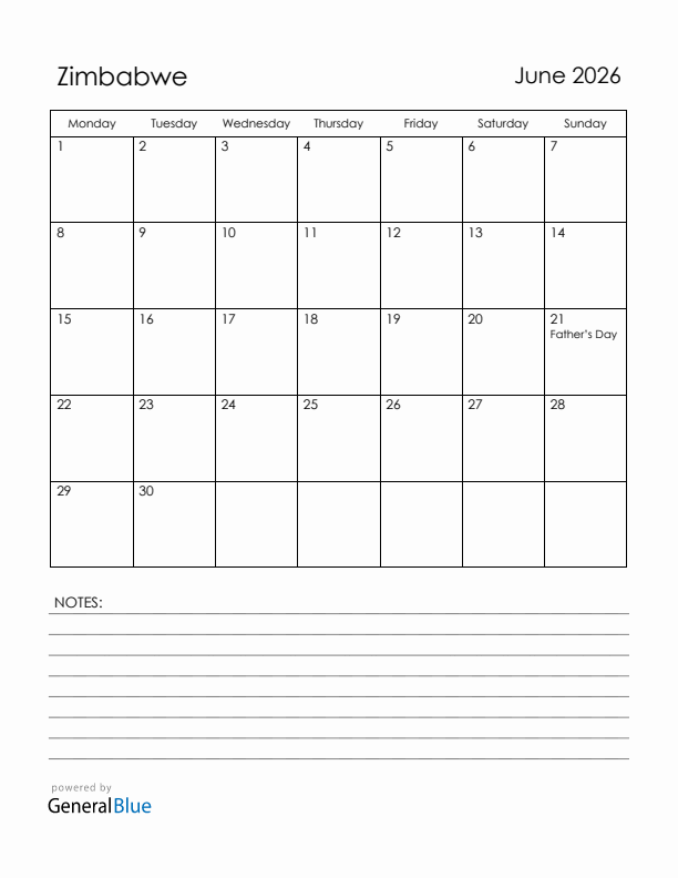 June 2026 Zimbabwe Calendar with Holidays (Monday Start)