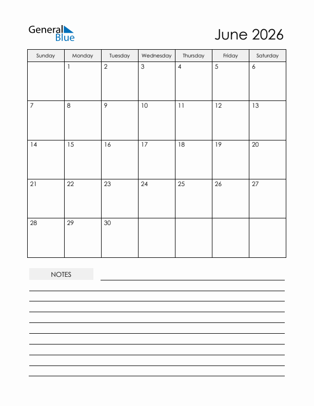 Printable Calendar with Notes - June 2026 
