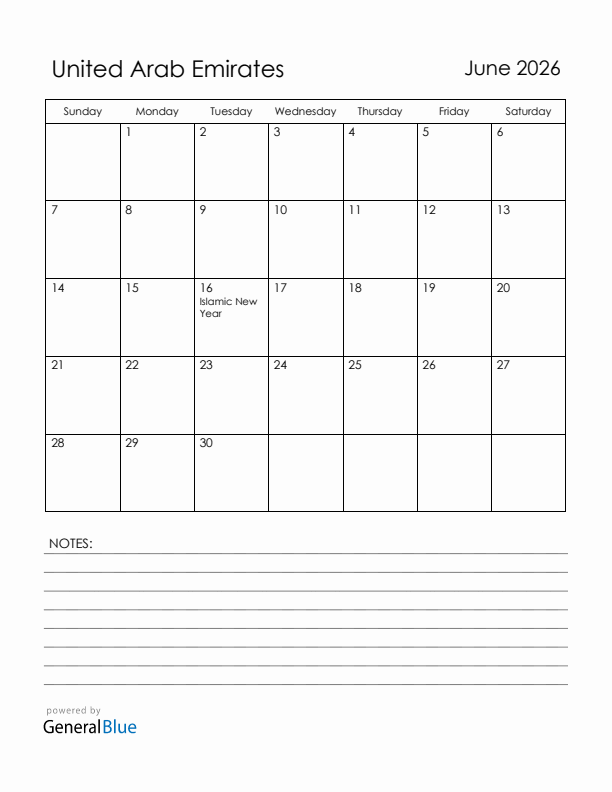 June 2026 United Arab Emirates Calendar with Holidays (Sunday Start)