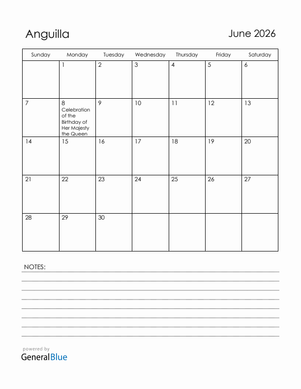 June 2026 Anguilla Calendar with Holidays (Sunday Start)