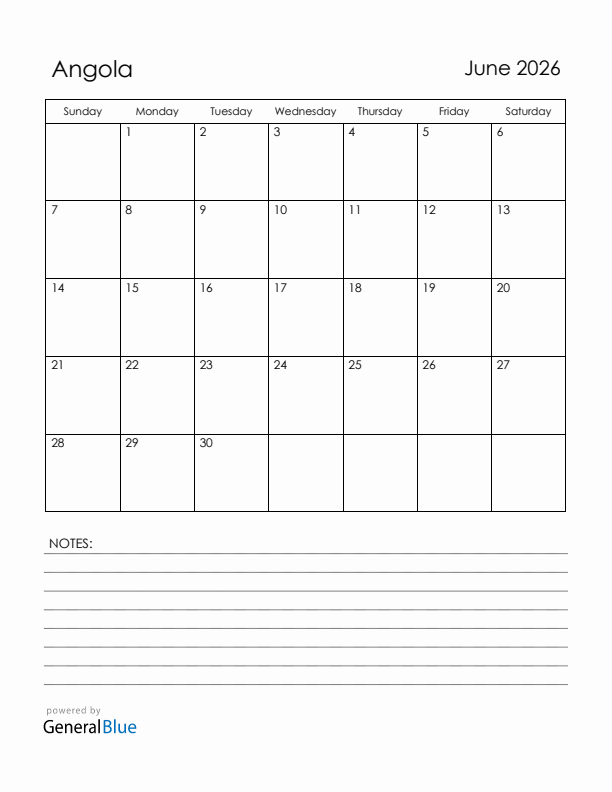 June 2026 Angola Calendar with Holidays (Sunday Start)