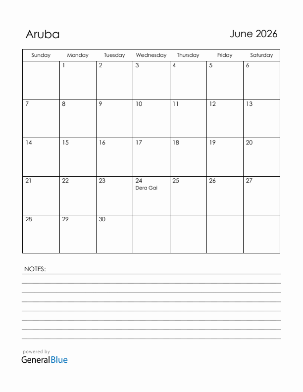 June 2026 Aruba Calendar with Holidays (Sunday Start)