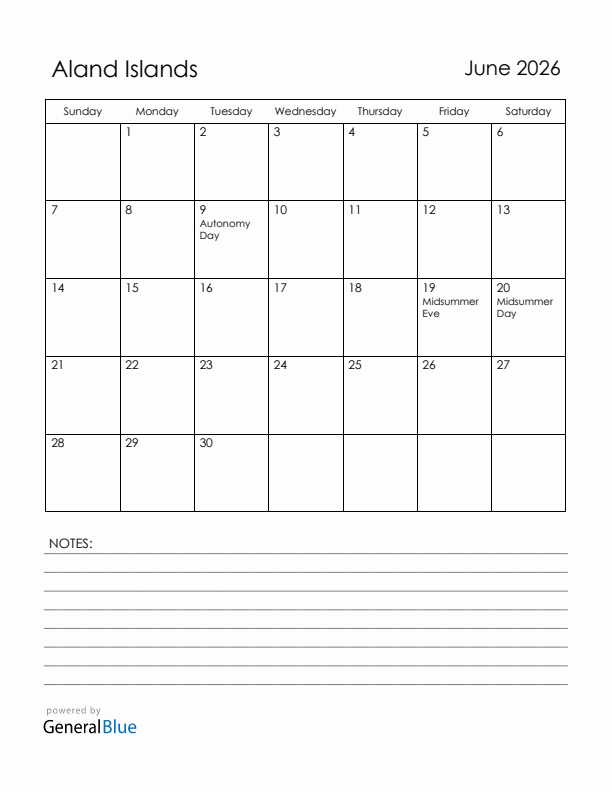 June 2026 Aland Islands Calendar with Holidays (Sunday Start)