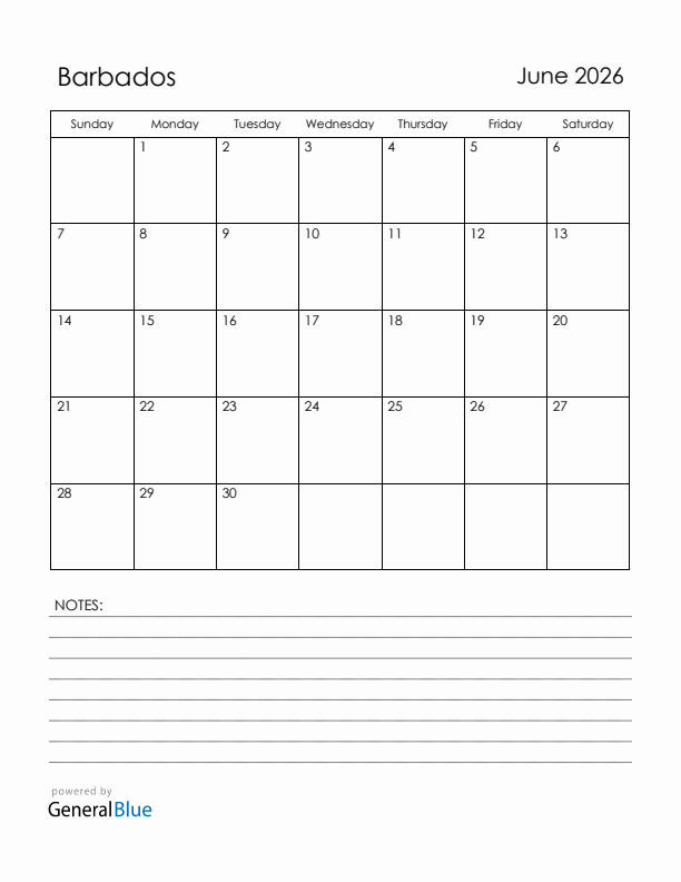 June 2026 Barbados Calendar with Holidays (Sunday Start)