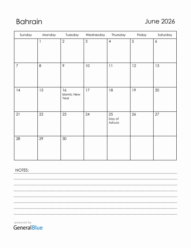 June 2026 Bahrain Calendar with Holidays (Sunday Start)
