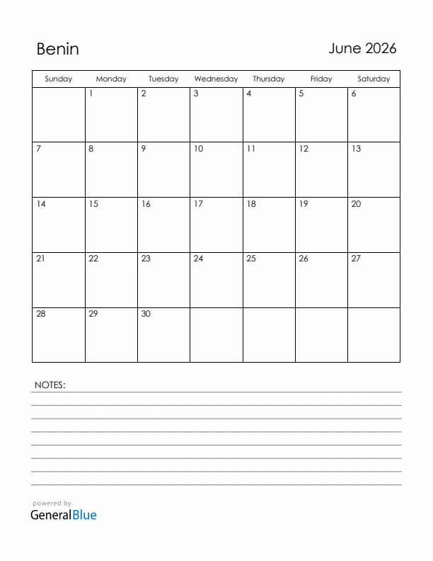 June 2026 Benin Calendar with Holidays (Sunday Start)