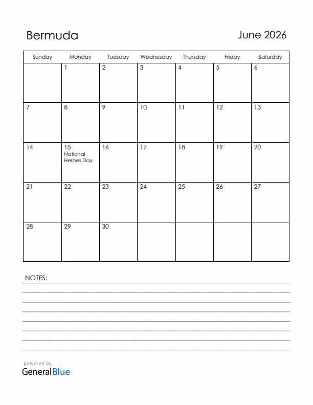 June 2026 Bermuda Calendar with Holidays (Sunday Start)