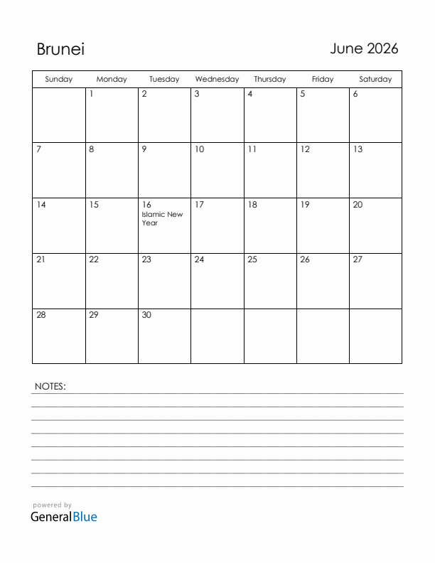 June 2026 Brunei Calendar with Holidays (Sunday Start)