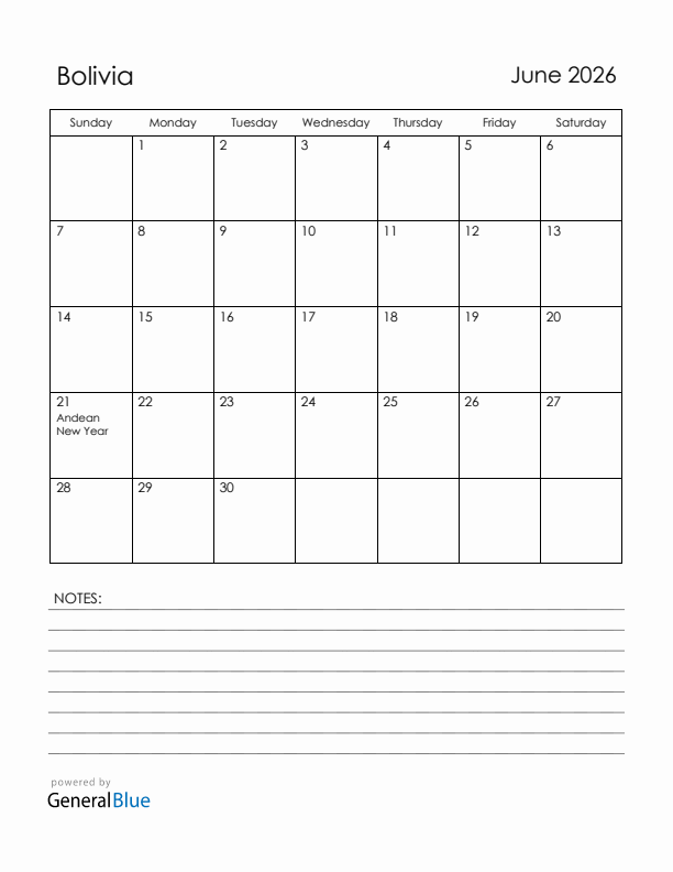 June 2026 Bolivia Calendar with Holidays (Sunday Start)