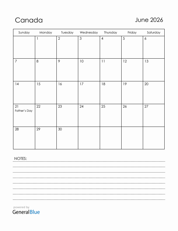 June 2026 Canada Calendar with Holidays (Sunday Start)