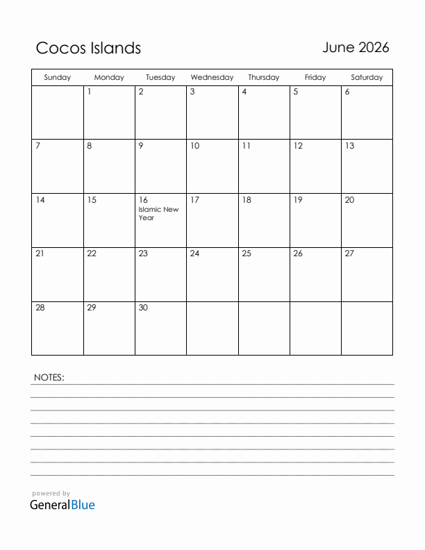 June 2026 Cocos Islands Calendar with Holidays (Sunday Start)