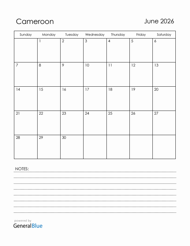 June 2026 Cameroon Calendar with Holidays (Sunday Start)