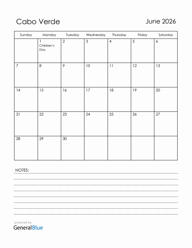 June 2026 Cabo Verde Calendar with Holidays (Sunday Start)