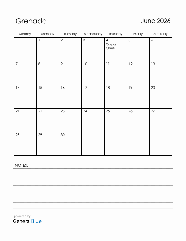 June 2026 Grenada Calendar with Holidays (Sunday Start)