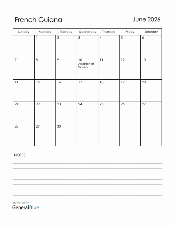 June 2026 French Guiana Calendar with Holidays (Sunday Start)