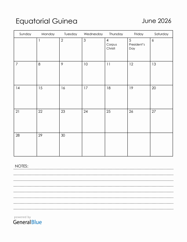 June 2026 Equatorial Guinea Calendar with Holidays (Sunday Start)