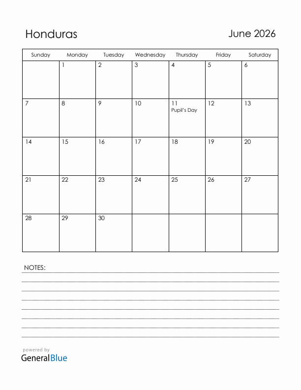 June 2026 Honduras Calendar with Holidays (Sunday Start)