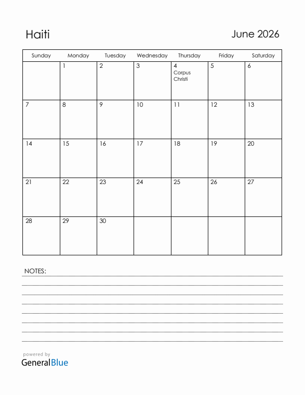 June 2026 Haiti Calendar with Holidays (Sunday Start)
