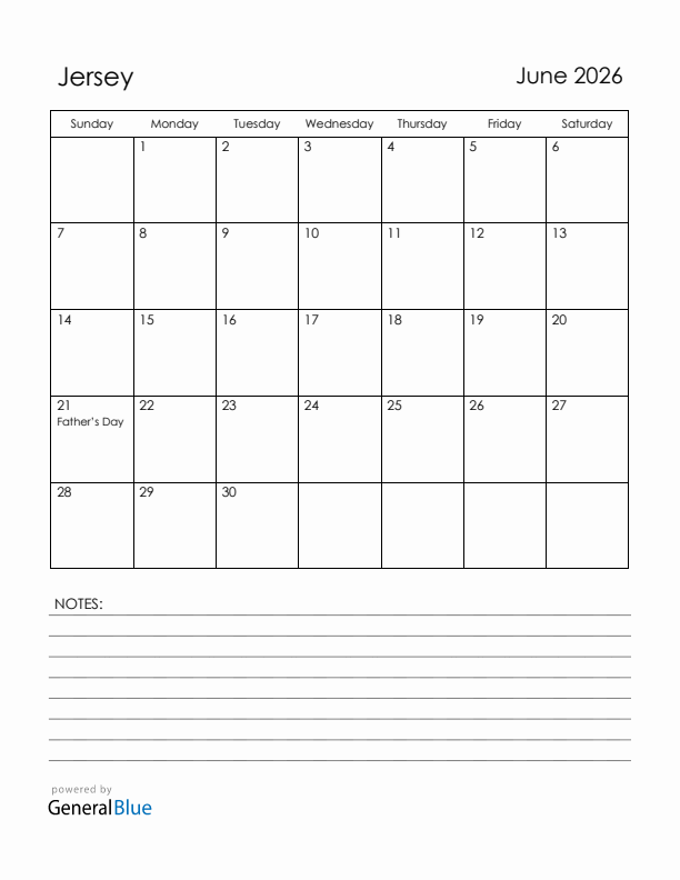 June 2026 Jersey Calendar with Holidays (Sunday Start)