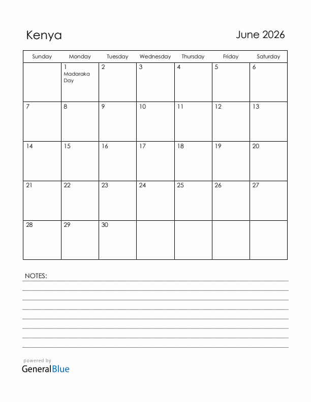 June 2026 Kenya Calendar with Holidays (Sunday Start)
