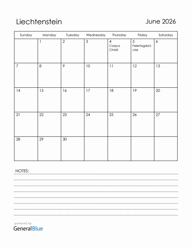 June 2026 Liechtenstein Calendar with Holidays (Sunday Start)