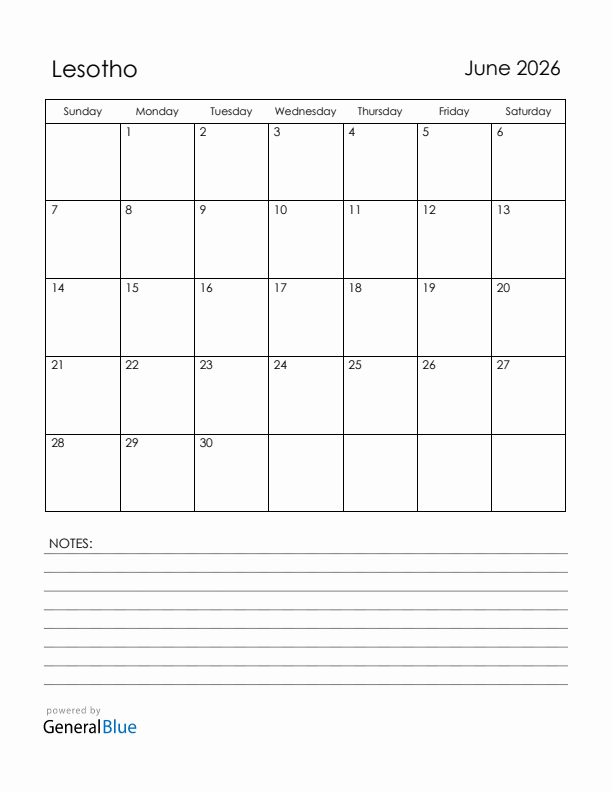 June 2026 Lesotho Calendar with Holidays (Sunday Start)
