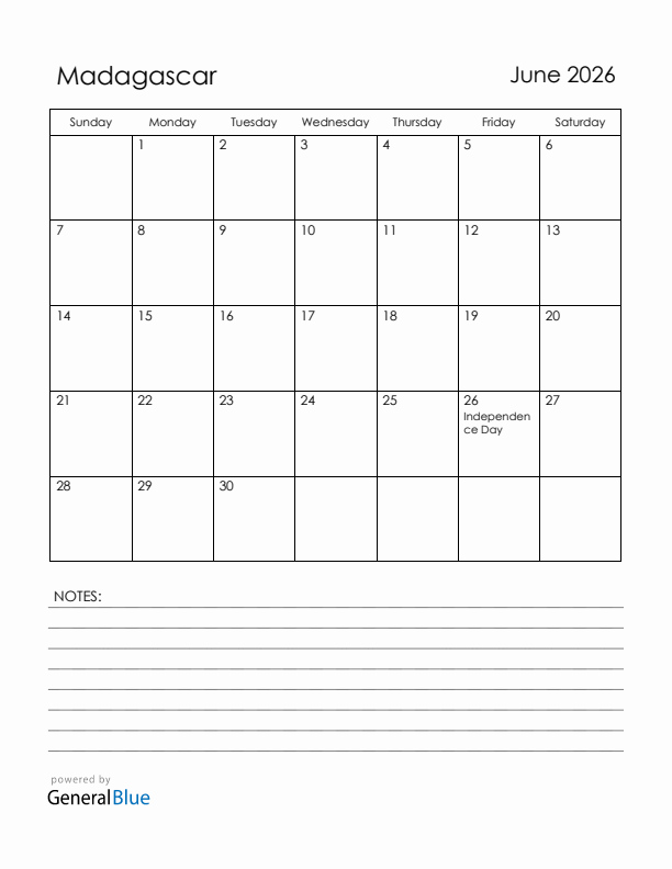 June 2026 Madagascar Calendar with Holidays (Sunday Start)