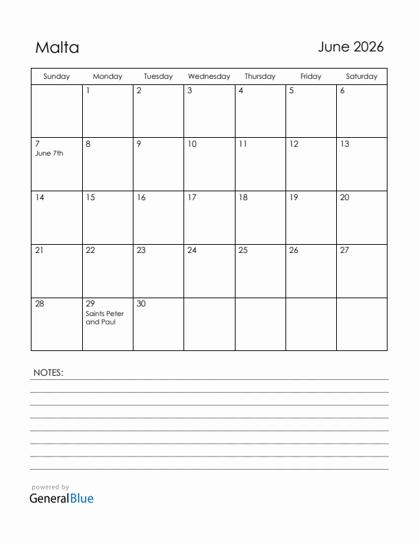 June 2026 Malta Calendar with Holidays (Sunday Start)