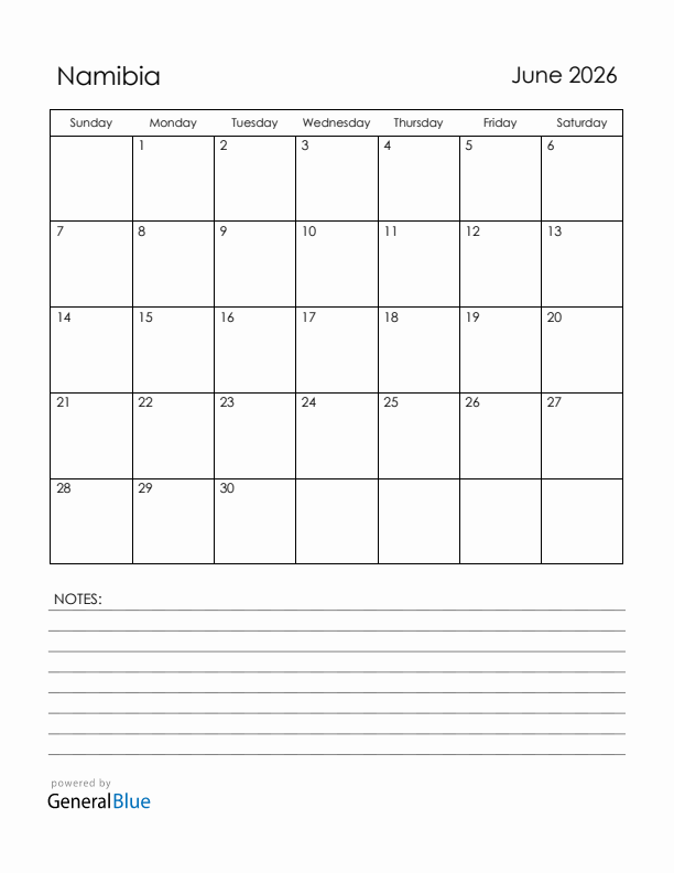 June 2026 Namibia Calendar with Holidays (Sunday Start)