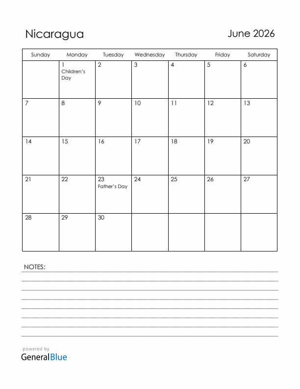 June 2026 Nicaragua Calendar with Holidays (Sunday Start)