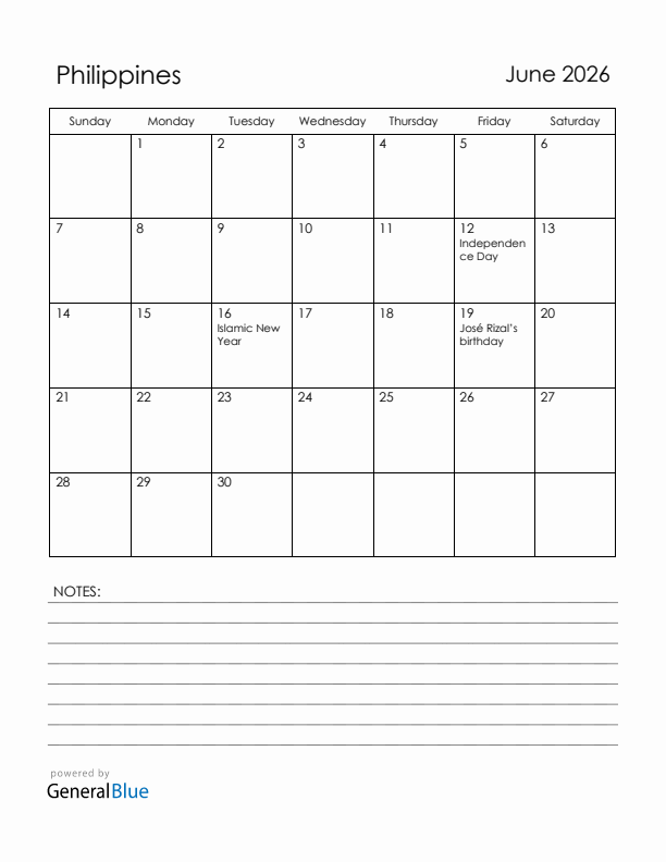 June 2026 Philippines Calendar with Holidays (Sunday Start)