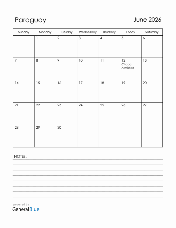 June 2026 Paraguay Calendar with Holidays (Sunday Start)