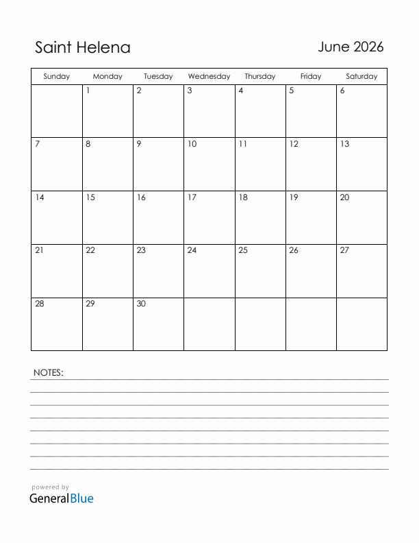 June 2026 Saint Helena Calendar with Holidays (Sunday Start)
