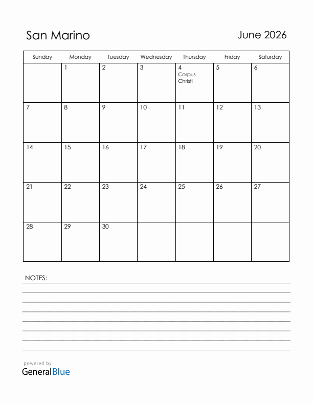 June 2026 San Marino Calendar with Holidays (Sunday Start)