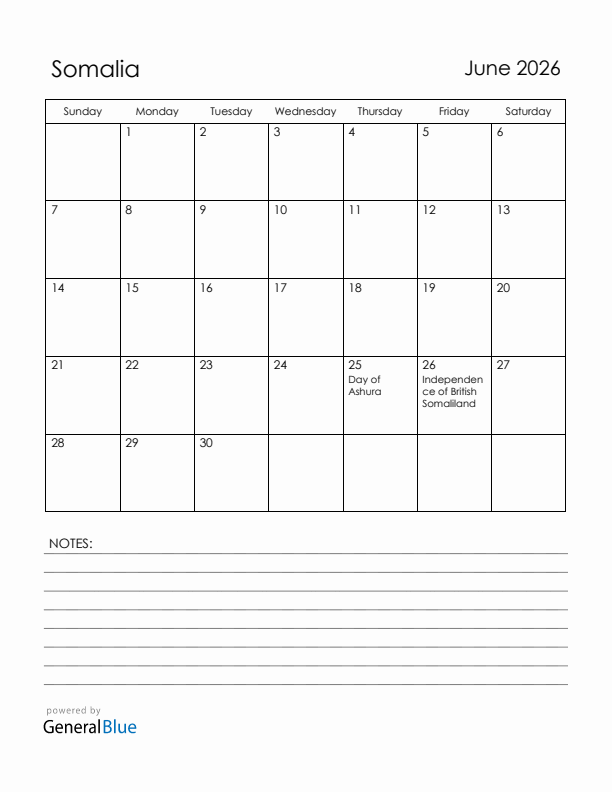 June 2026 Somalia Calendar with Holidays (Sunday Start)