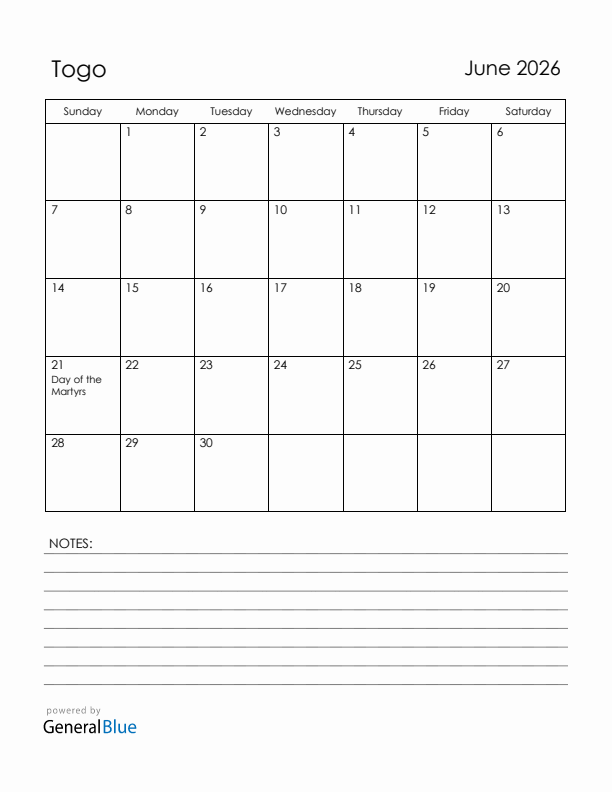 June 2026 Togo Calendar with Holidays (Sunday Start)