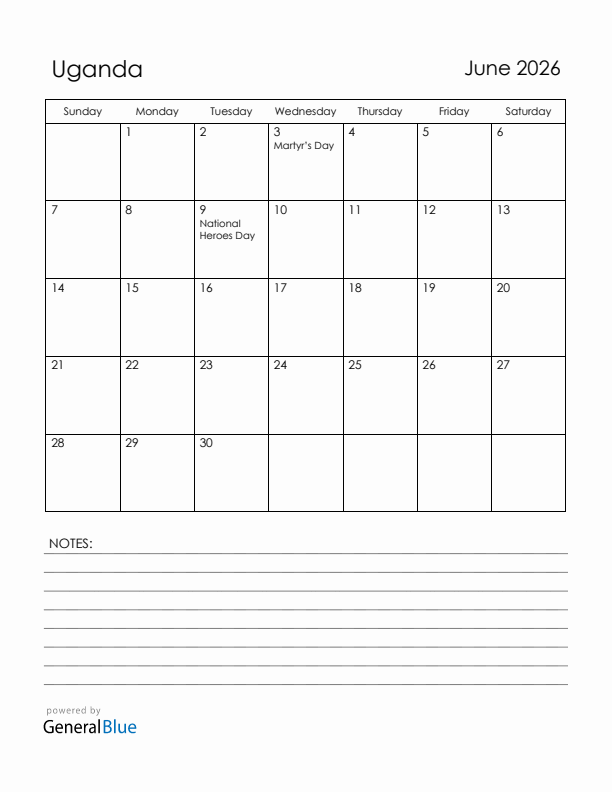 June 2026 Uganda Calendar with Holidays (Sunday Start)