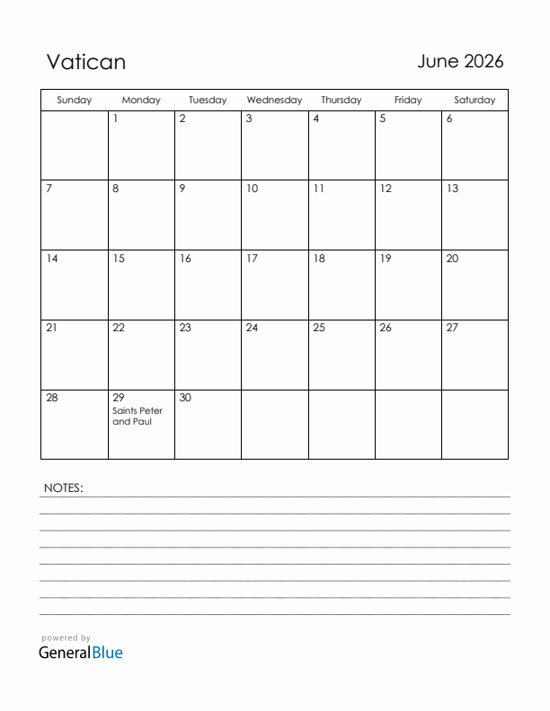 June 2026 Vatican Calendar with Holidays (Sunday Start)