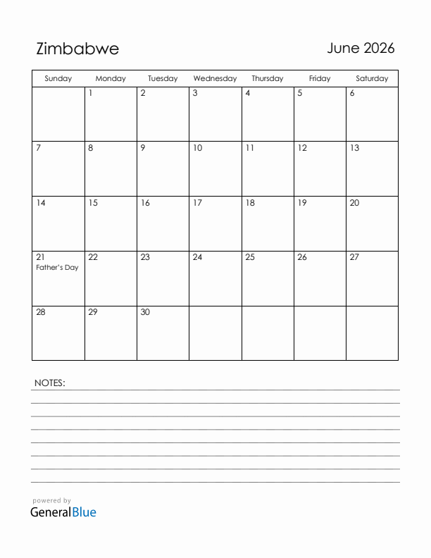June 2026 Zimbabwe Calendar with Holidays (Sunday Start)