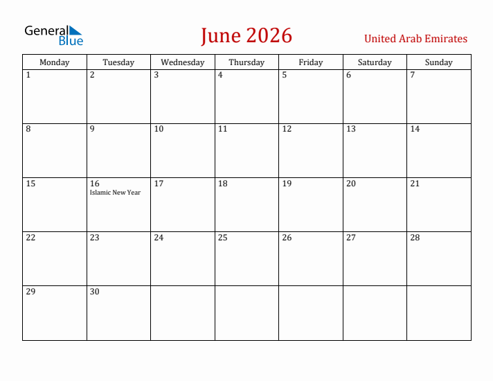 United Arab Emirates June 2026 Calendar - Monday Start