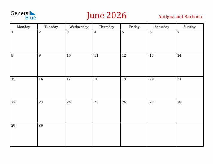 Antigua and Barbuda June 2026 Calendar - Monday Start