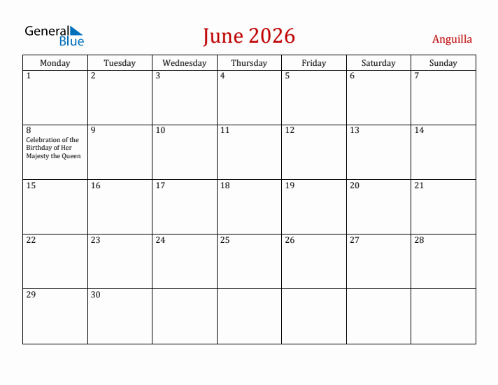 Anguilla June 2026 Calendar - Monday Start