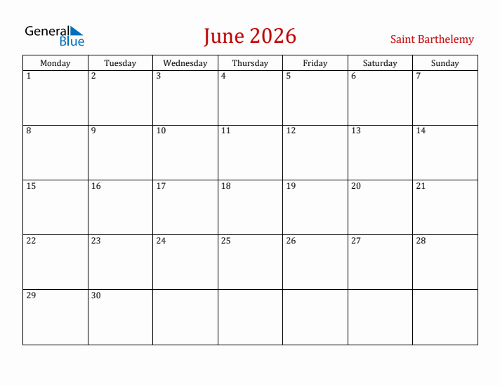 Saint Barthelemy June 2026 Calendar - Monday Start