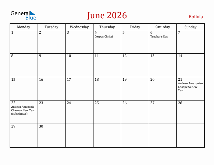 Bolivia June 2026 Calendar - Monday Start