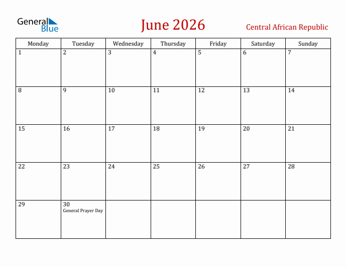 Central African Republic June 2026 Calendar - Monday Start