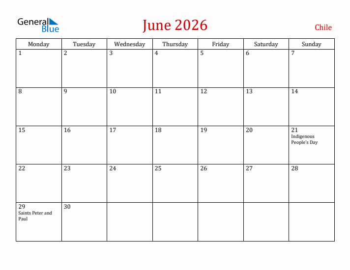 Chile June 2026 Calendar - Monday Start