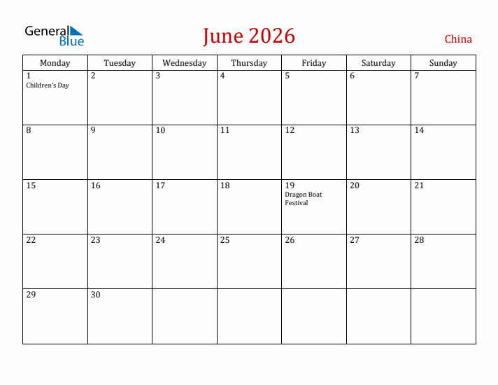 China June 2026 Calendar - Monday Start