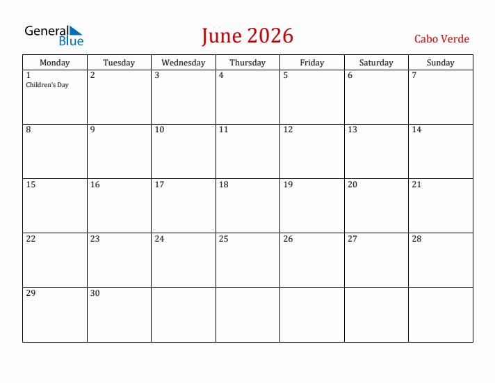 Cabo Verde June 2026 Calendar - Monday Start