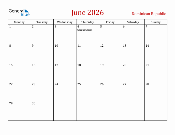 Dominican Republic June 2026 Calendar - Monday Start